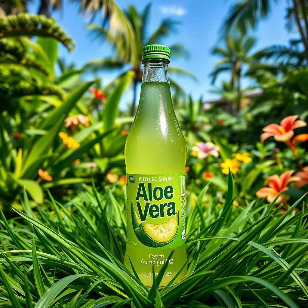 A bottle of Aloe Vera drink placed in a tropical natural setting, showcasing freshness and naturality.