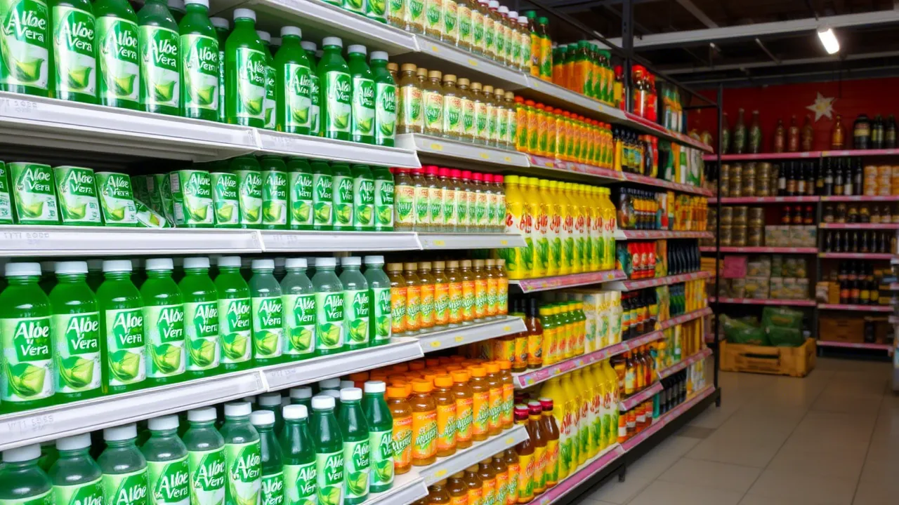 Retail shelves showcasing Aloe Vera drinks in stores across Oceania, highlighting market potential.