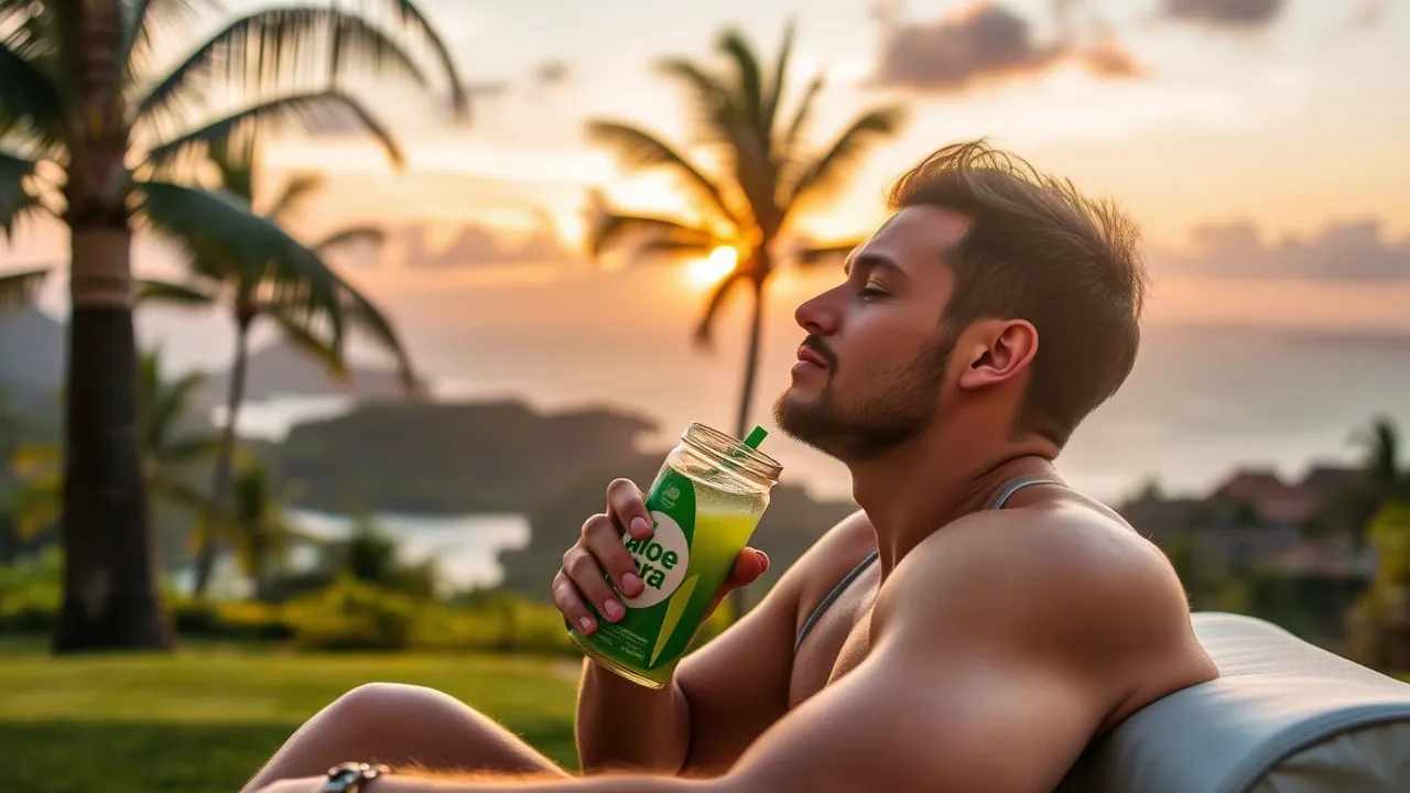 A person enjoying Aloe Vera drink after a workout under a tropical sunset, symbolizing refreshment and energy recovery