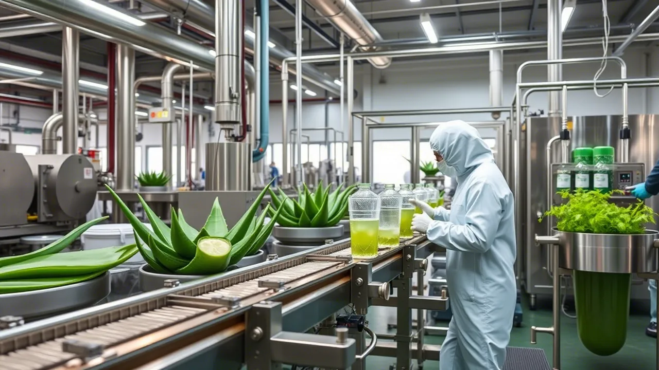 roduction process of Aloe Vera drinks in a modern factory, ensuring quality and food safety standards.