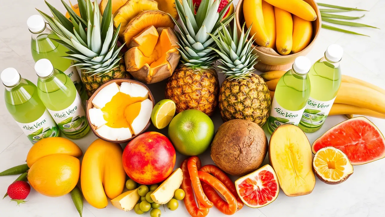 A table displaying tropical fruits and bottles of Aloe Vera drink, showcasing unique flavor combinations inspired by nature