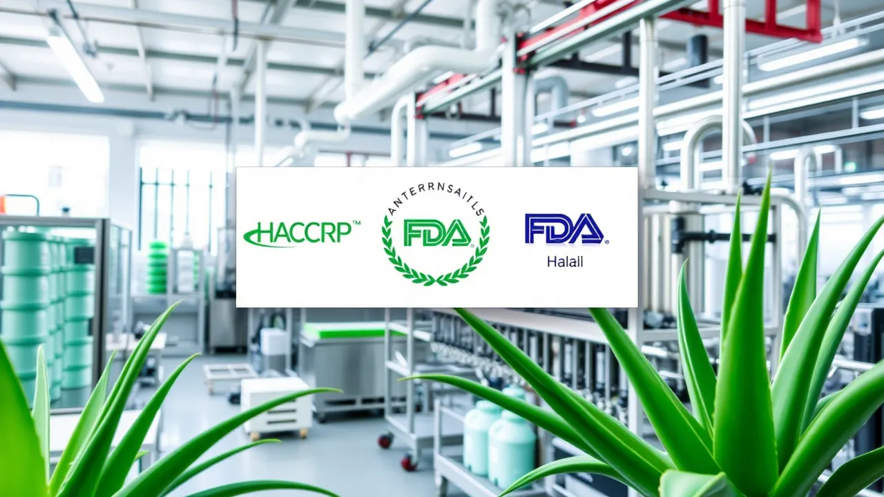 International certification logos such as HACCP, ISO, FDA, and Halal, ensuring the quality and safety of Aloe Vera drinks.