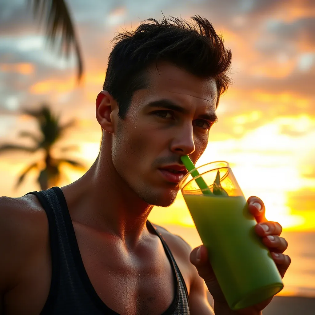 A person enjoying Aloe Vera drink after a workout under a tropical sunset, symbolizing refreshment and energy recovery