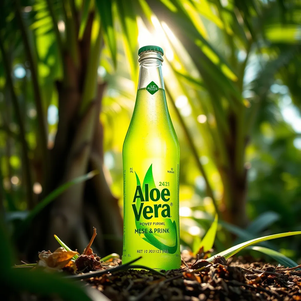 A bottle of Aloe Vera drink placed in a tropical natural setting, showcasing freshness and naturality