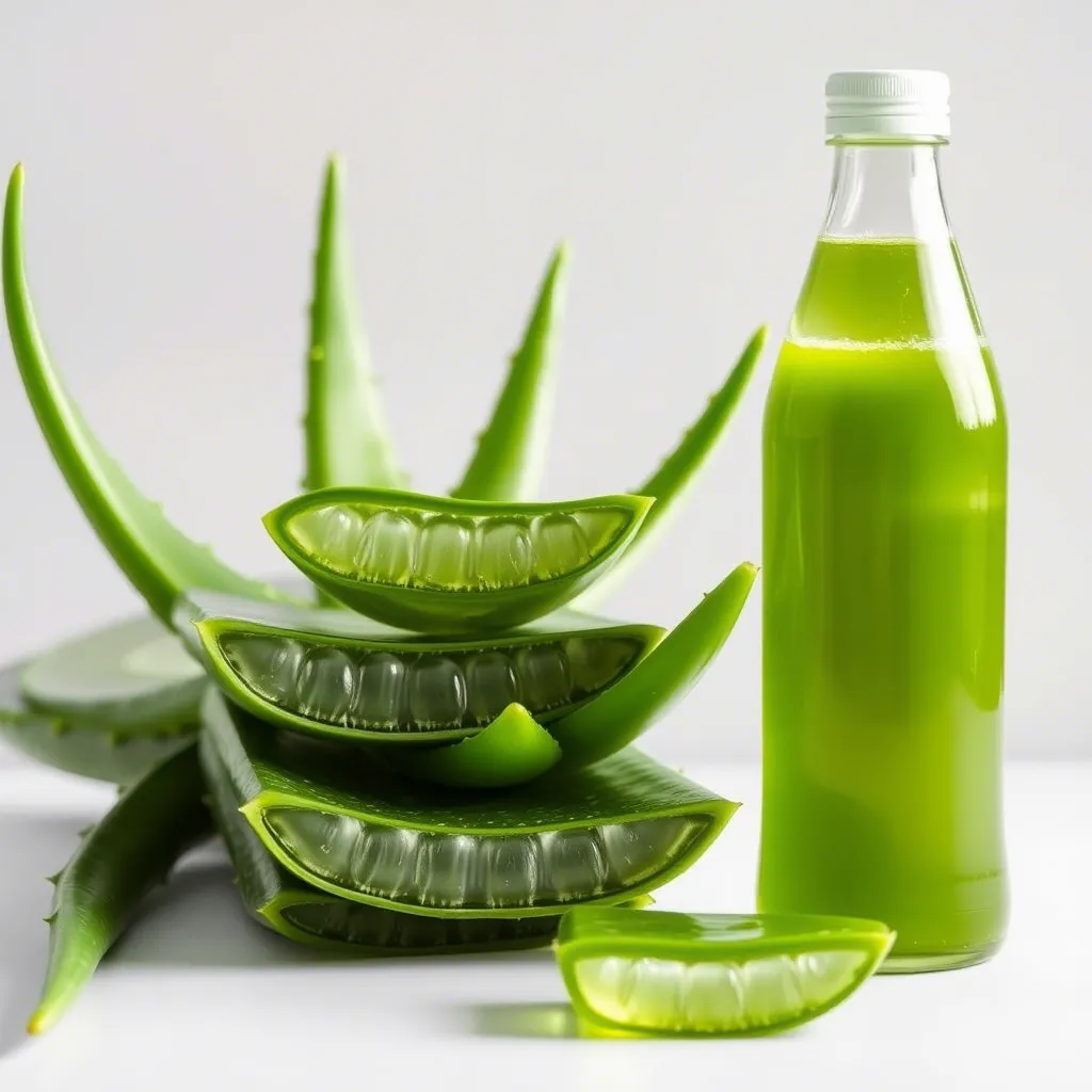 Fresh Aloe Vera plant and a bottle of Aloe Vera drink, illustrating the natural origin of the product