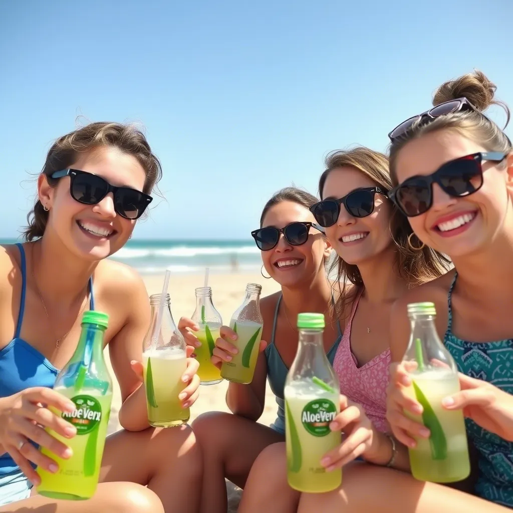 A group of young friends happily enjoying Aloe Vera drinks on the beach, capturing refreshment and relaxation