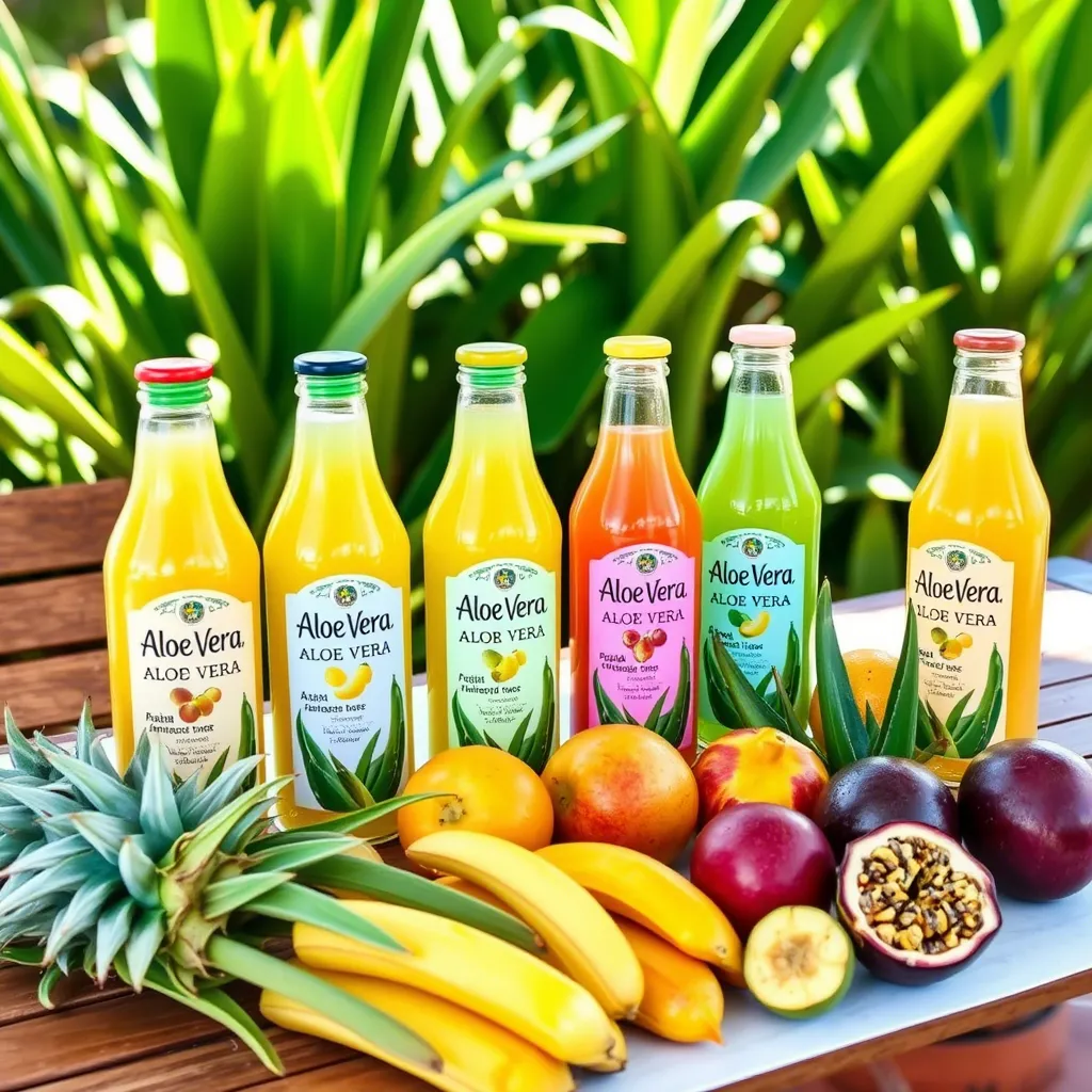 A table displaying tropical fruits and bottles of Aloe Vera drink, showcasing unique flavor combinations inspired by nature.