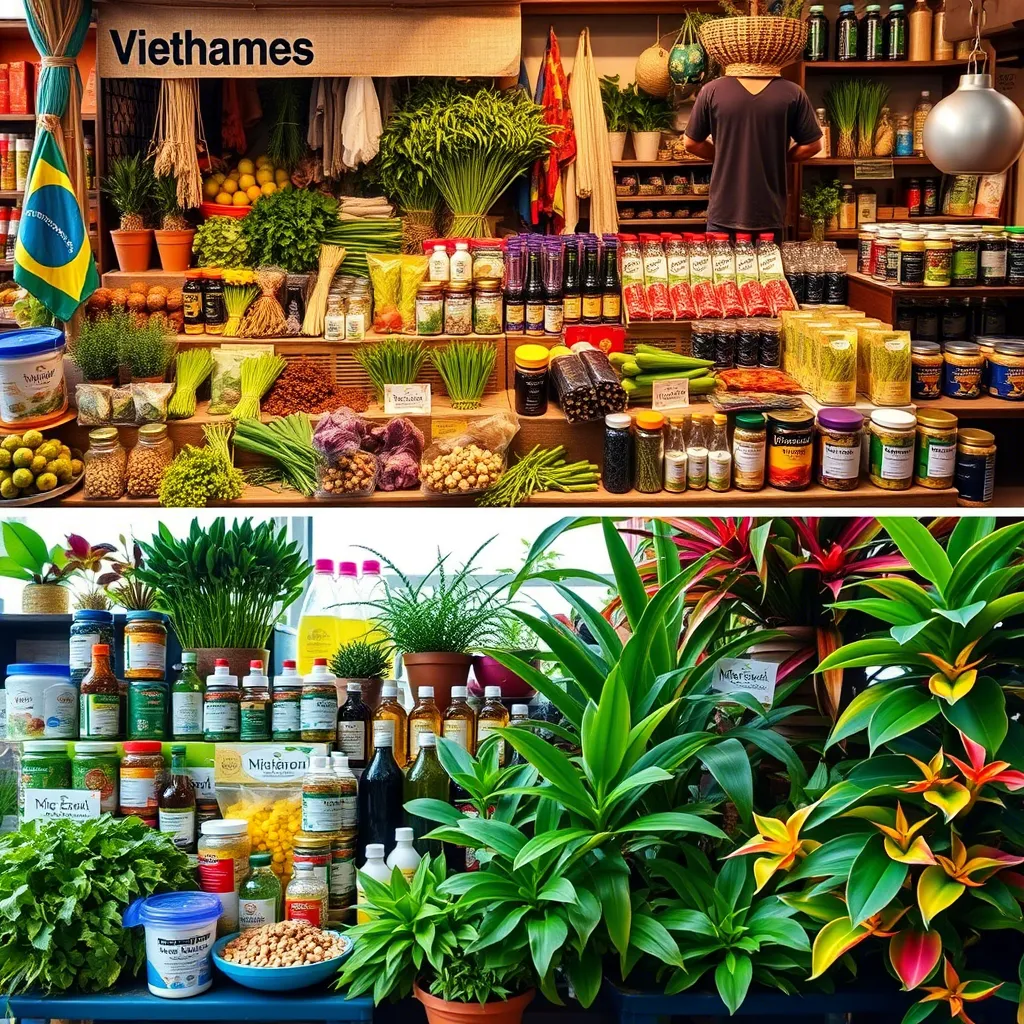 Comparison of traditional markets in Vietnam and Brazil, highlighting shared traditions of using herbs and functional foods.